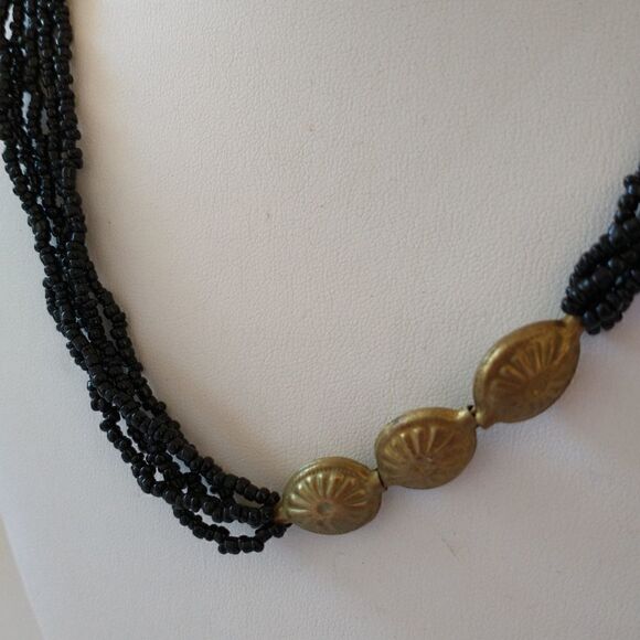 Multi Strand Beaded Necklace LONG 60" Black Seed Beads Brass Colored Stations - Picture 5 of 16